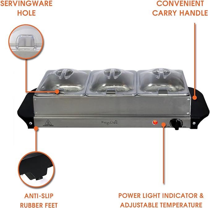 MegaChef Buffet Server & Food Warmer With 3 Removable Sectional Trays , Heated Warming Tray and Removable Tray Frame MC-9003B