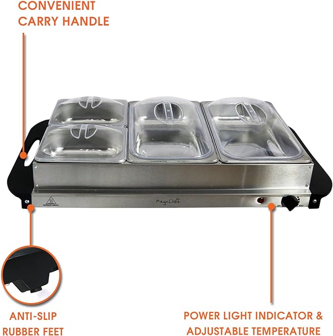 MegaChef Buffet Server & Food Warmer With 4 Removable Sectional Trays , Heated Warming Tray and Removable Tray Frame MC-9003C