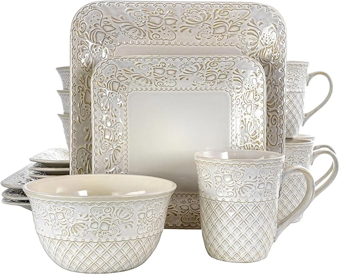 Elama Ivory Lotus 16 Piece Square Dinnerware Set EL-IVORYLOTUS