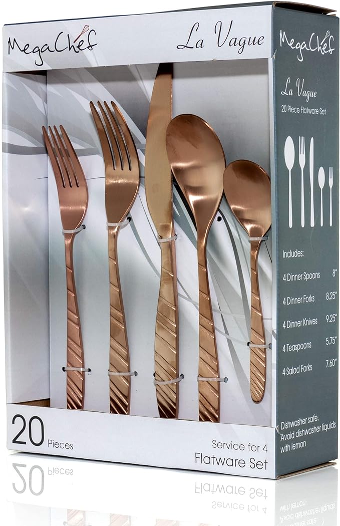 MegaChef La Vague 20 Piece Flatware Utensil Set, Stainless Steel Silverware Metal Service for 4 in Matte Rose Gold  MCFW-LA VAGUE-MATTEROSEGOLD