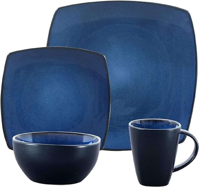 Gibson Soho Lounge 16 Piece Square Stoneware Dinnerware Set in Blue and Black 68632.16