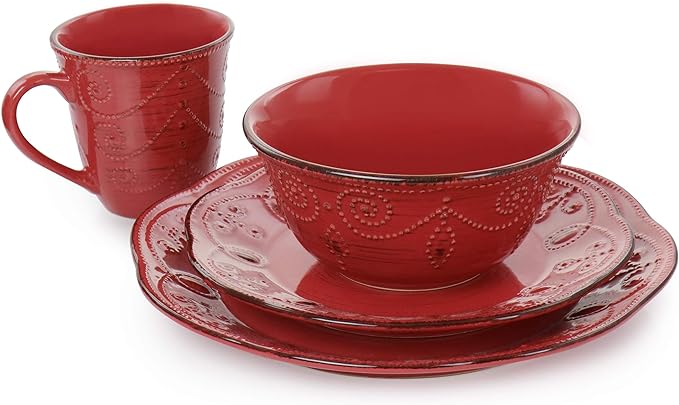 Elama Rustic Birch 16 Piece Stoneware Dinnerware Set in Red EL-RUSTICBIRCHRED