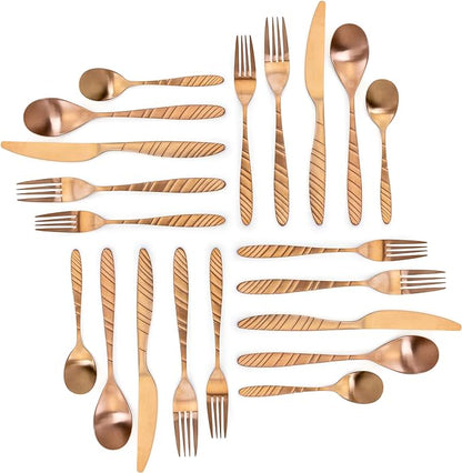 MegaChef La Vague 20 Piece Flatware Utensil Set, Stainless Steel Silverware Metal Service for 4 in Matte Rose Gold  MCFW-LA VAGUE-MATTEROSEGOLD