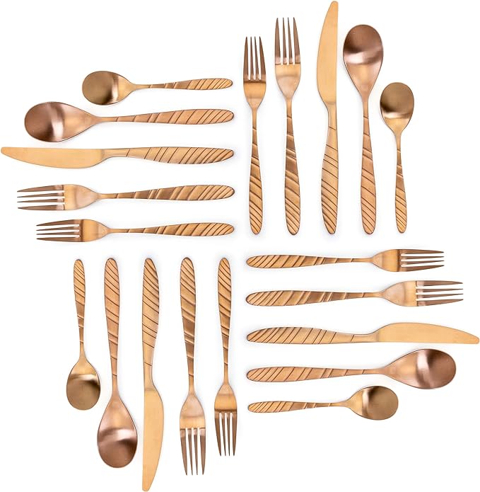 Megachef La Vague 20 Piece Flatware Utensil Set, Stainless Steel Silverware Metal Service for 4 in Matte Gold