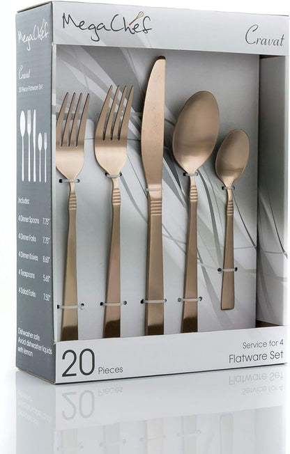 MegaChef Cravat 20 Piece Flatware Utensil Set, Stainless Steel Silverware Metal Service for 4 in Matte Rose MCFW-CRAVAT-MATTEROS