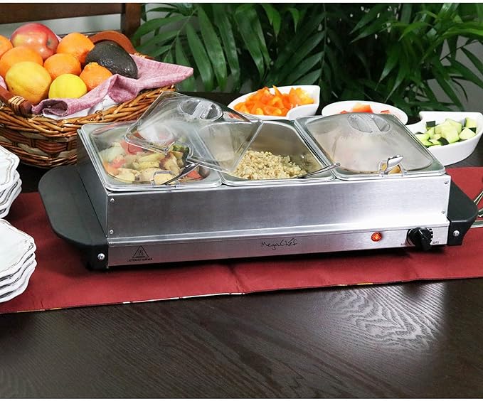 MegaChef Buffet Server & Food Warmer With 3 Removable Sectional Trays , Heated Warming Tray and Removable Tray Frame MC-9003B