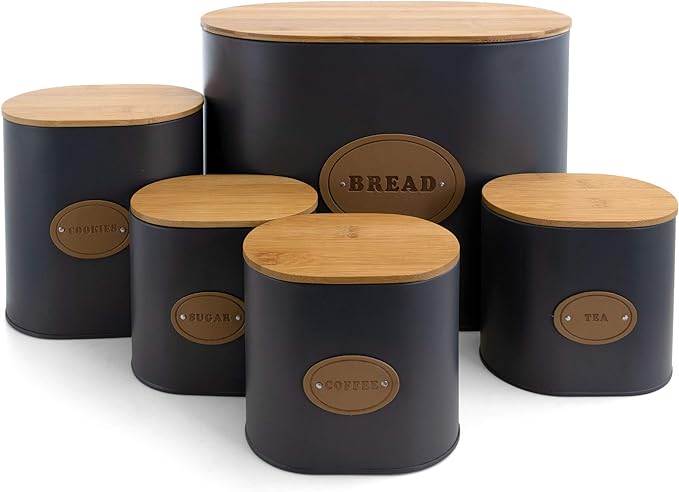 MegaChef Kitchen Food Storage and Organization 5 Piece Canister Set in Grey with Bamboo Lids MG-446