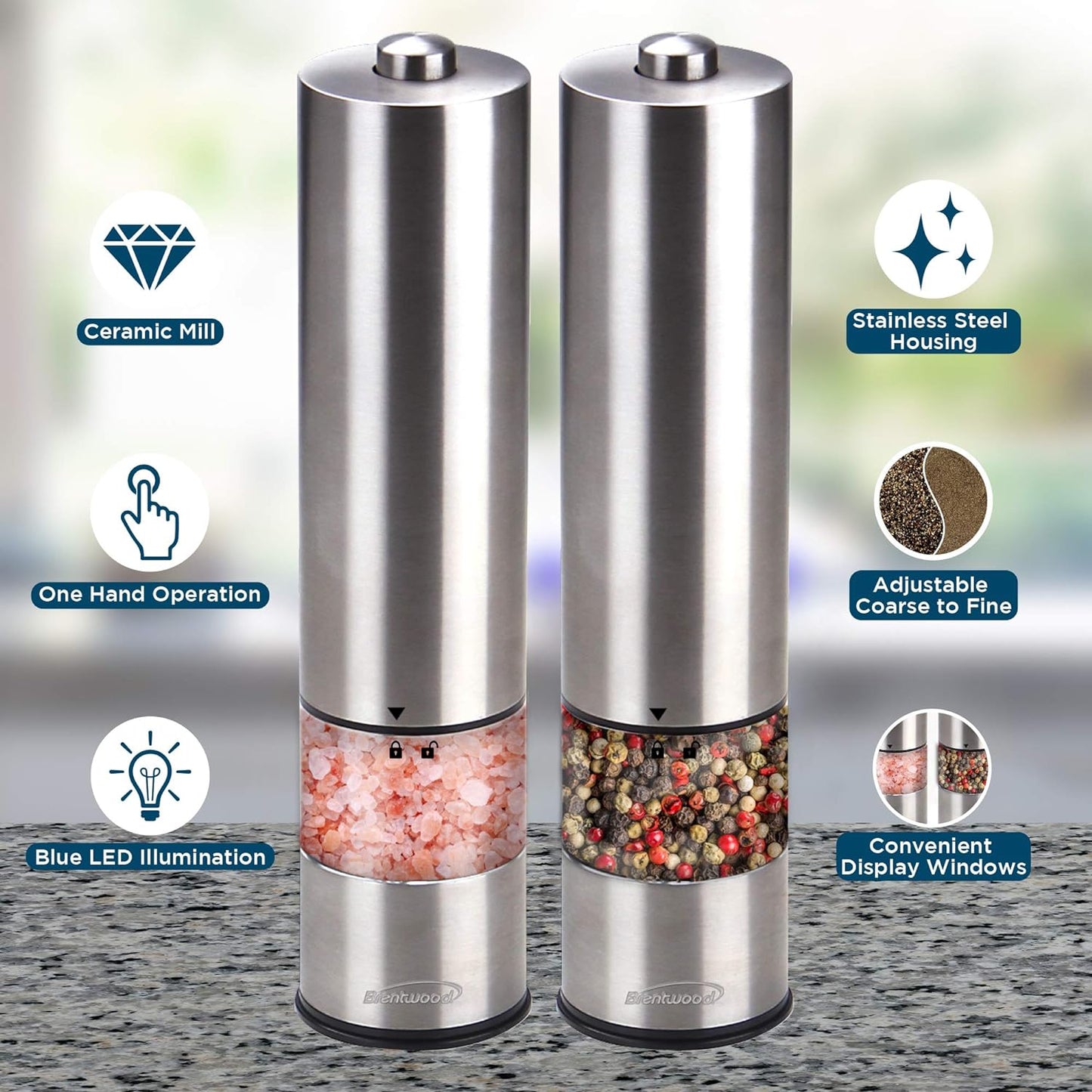 Brentwood Electric Blue LED Salt and Pepper Adjustable Ceramic Grinders