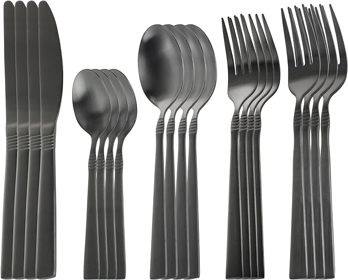 MegaChef Cravat 20 Piece Flatware Utensil Set, Stainless Steel Silverware Metal Service for 4 in Matte Black