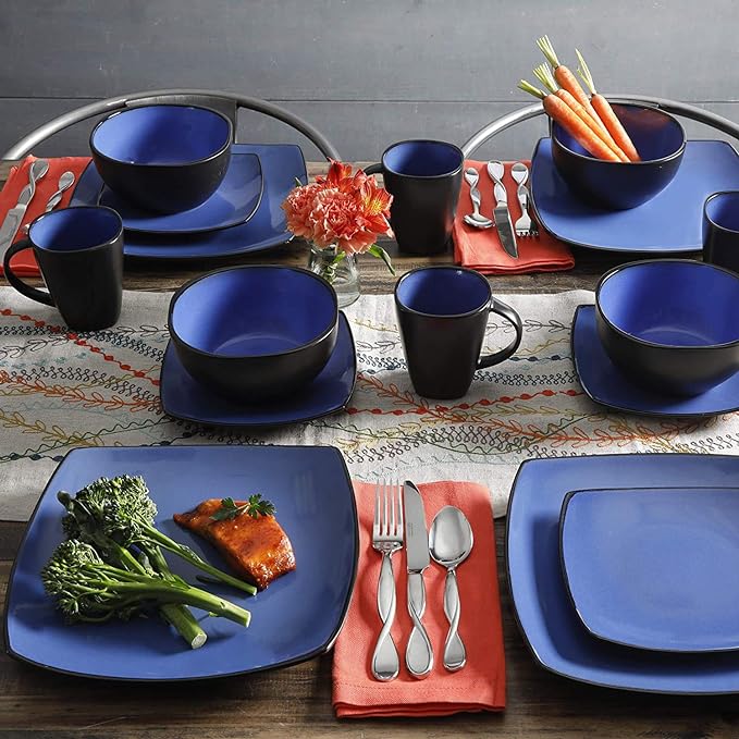 Gibson Soho Lounge 16 Piece Square Stoneware Dinnerware Set in Blue and Black 68632.16