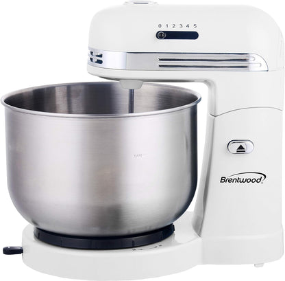 Brentwood 5 Speed Stand Mixer with 3.5 Quart Stainless Steel Mixing Bowl in White