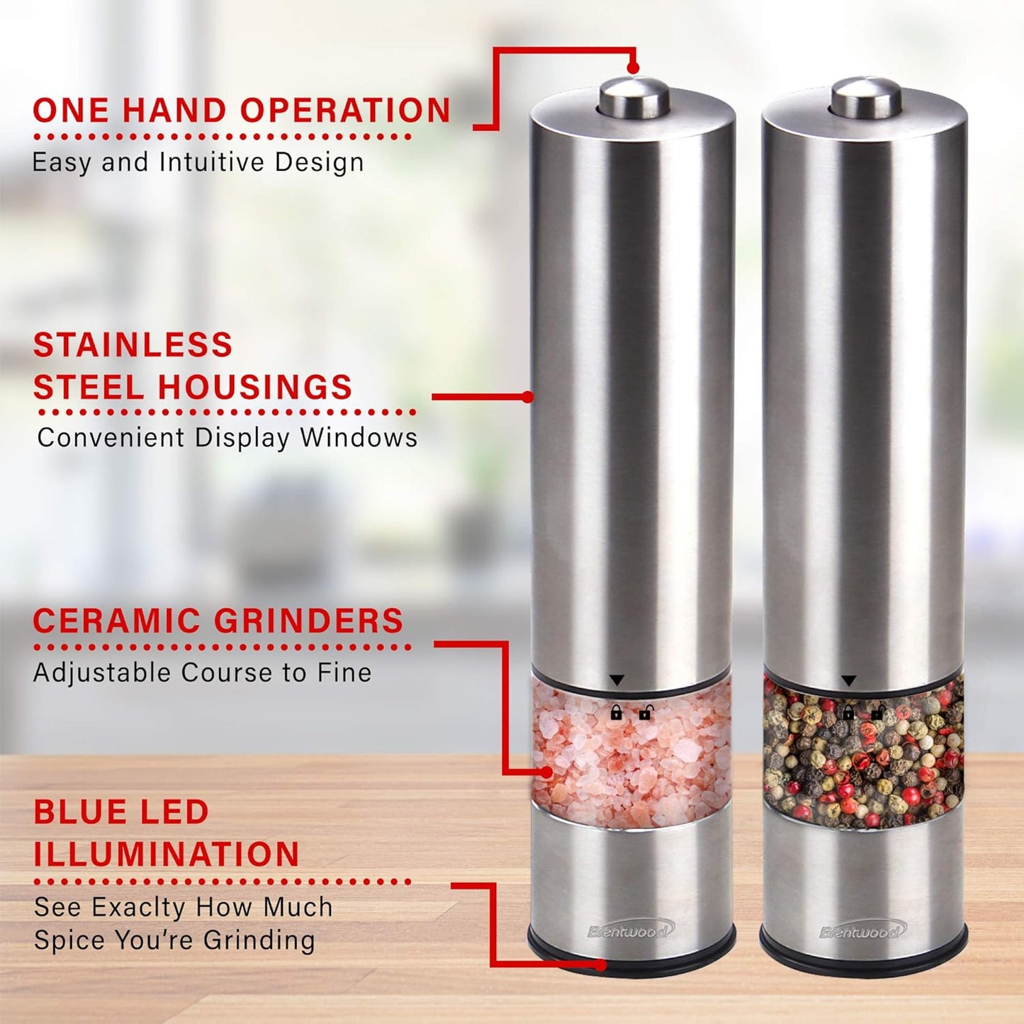 Brentwood Electric Blue LED Salt and Pepper Adjustable Ceramic Grinders