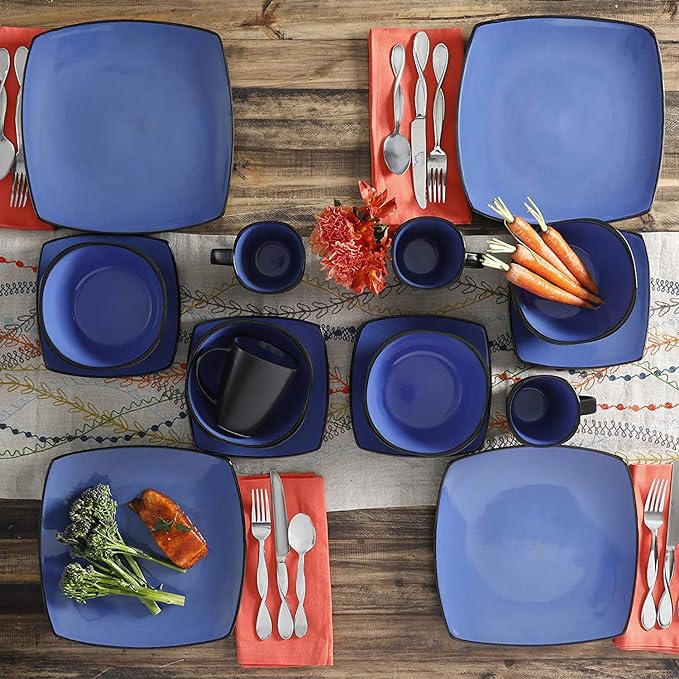 Gibson Soho Lounge 16 Piece Square Stoneware Dinnerware Set in Blue and Black 68632.16