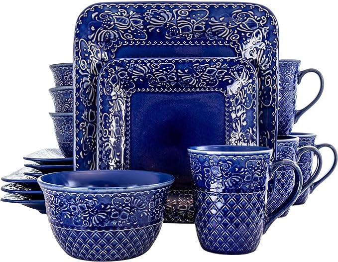 Elama Indigo Lotus 16 Piece Square Dinnerware Set