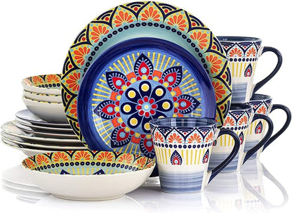 Elama Multicolored Round Stoneware Mandala Pattern Dinnerware Set, 16 Piece, Blue ELM-ZEN-BLUE-MOZAIK