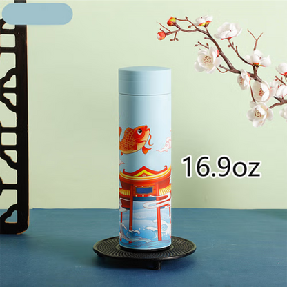 1pc Chinese Style Warm Cup Water Cup; 304 Stainless Steel Water Cup; Vacuum Cup; Chinese Style Cartoon Animal Crane Fish Lion 16.9oz