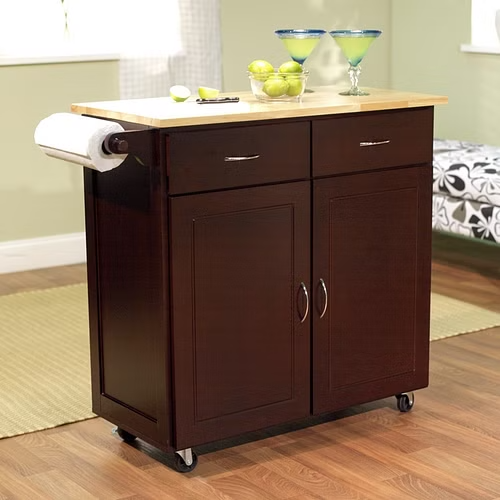 43-inch W Portable Kitchen Island Cart with Natural Wood Top in Espresso EKCWT188