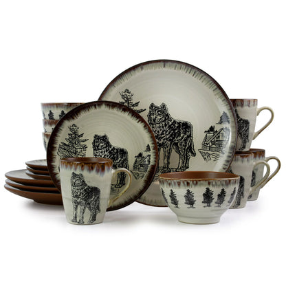 Elama Majestic Wolf 16 Piece Luxurious Stoneware Dinnerware with Complete Setting for 4 EL-MAJESTICWOLF16