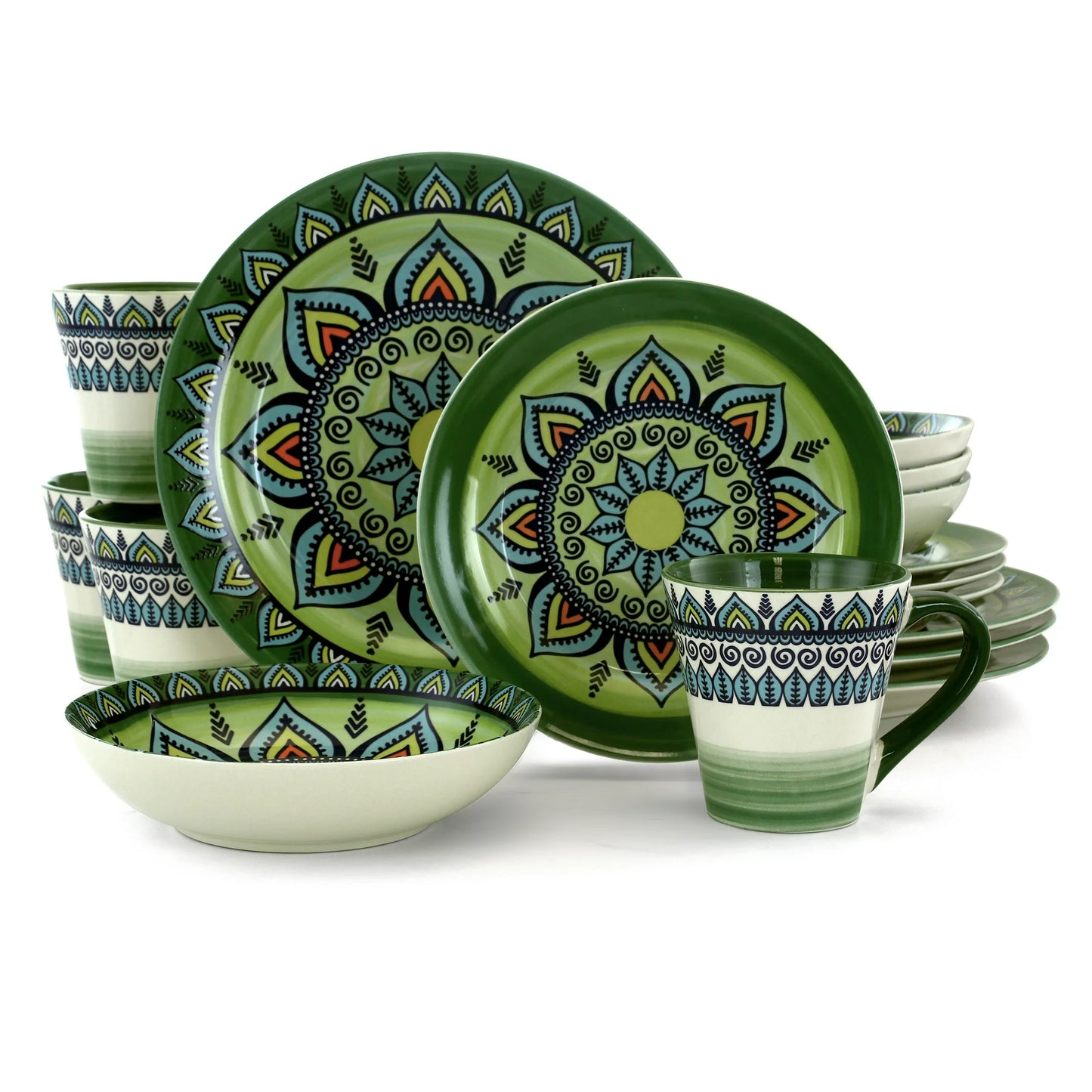 Elama Zen Green Mozaik 16 Piece Luxurious Stoneware Dinnerware with Complete Setting for 4, 16pc