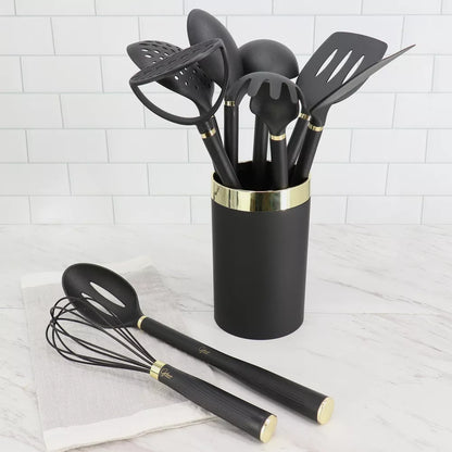 Gibson Home Hampsbridge 10 Piece Nylon Kitchen Tool Set and Utensil Crock in Black and Gold