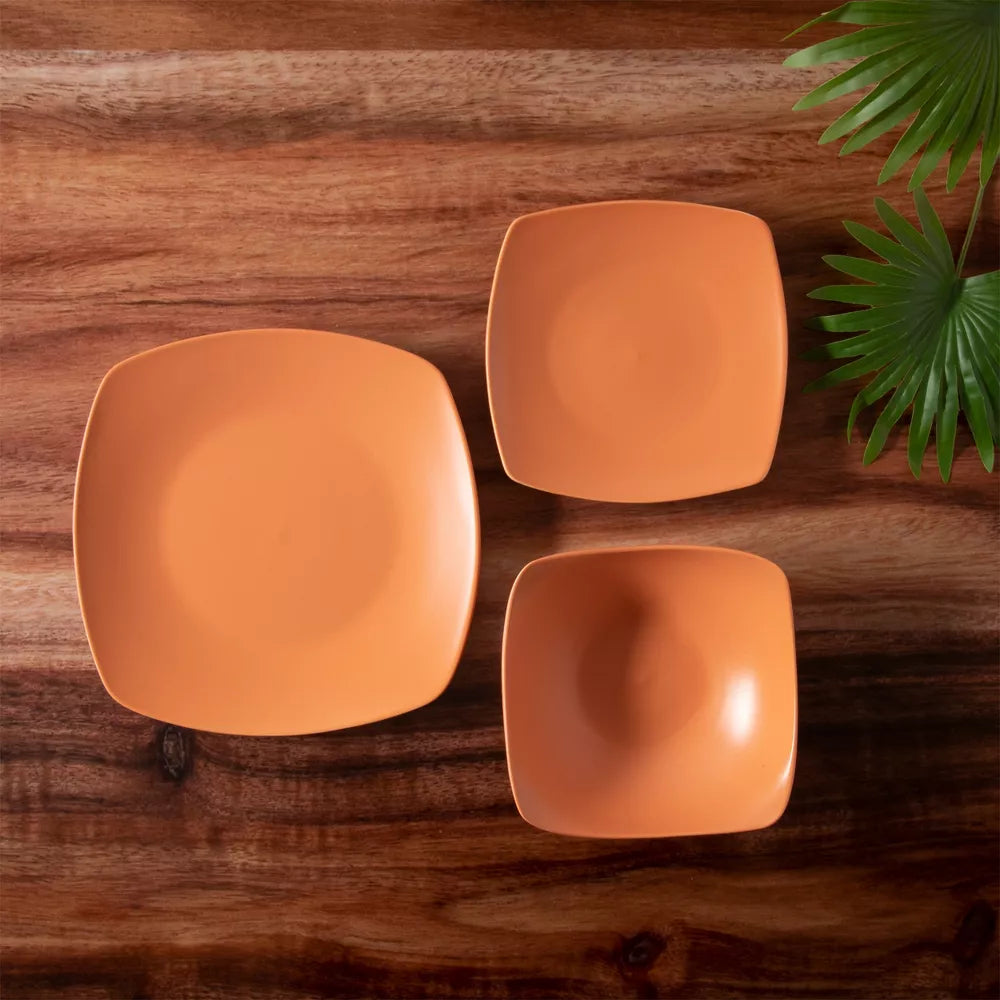 Gibson Home Zen Buffetware 12 Piece Square Fine Ceramic Dinnerware Set in Matte Papaya Orange