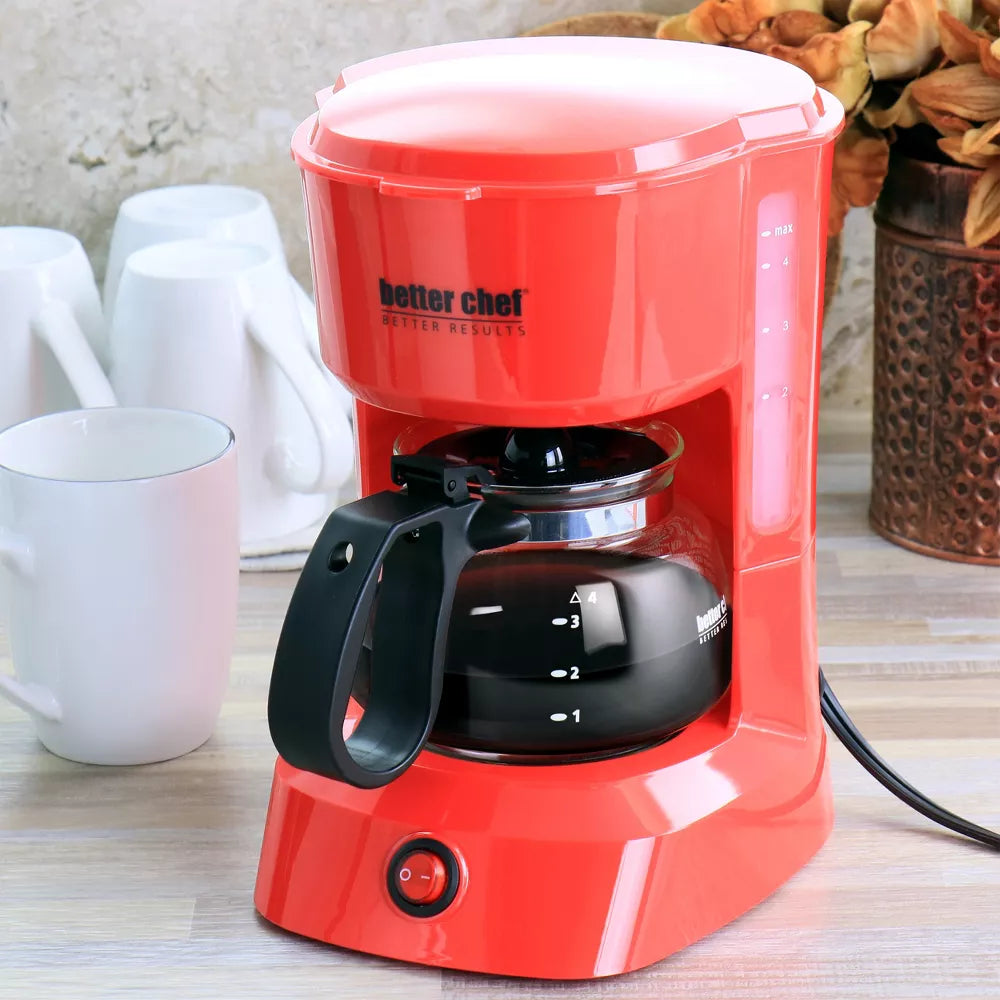 Better Chef 4 Cup Compact Coffee Maker in Red with Removable Filter Basket