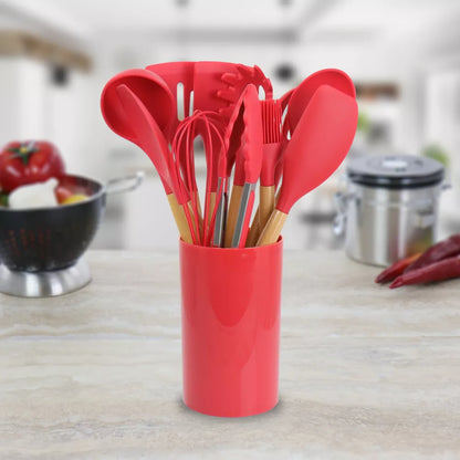 MegaChef Red Silicone and Wood Cooking Utensils, Set of 12