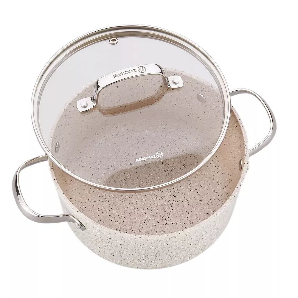 Korkmaz Granita 2.5 Liter Aluminum Nonstick Low Casserole with Lid in Tan