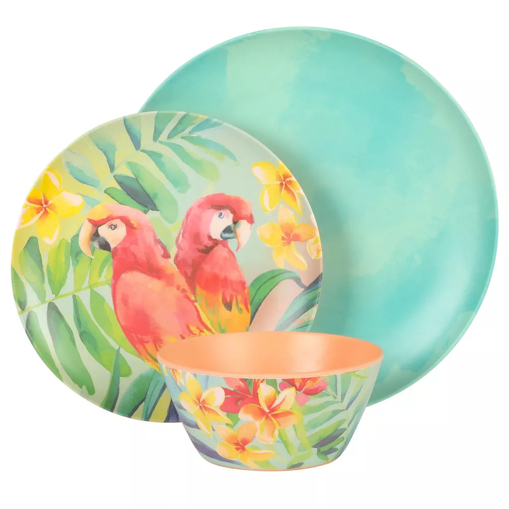 Laurie Gates Tropical Parrots 12 Piece Melamine Dinnerware Set in Assorted Designs