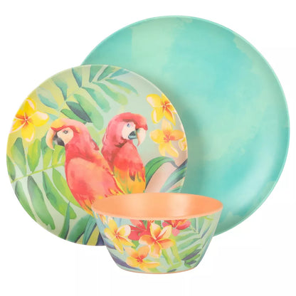 Laurie Gates Tropical Parrots 12 Piece Melamine Dinnerware Set in Assorted Designs