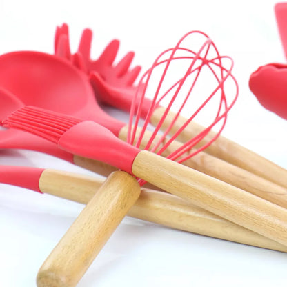 MegaChef Red Silicone and Wood Cooking Utensils, Set of 12