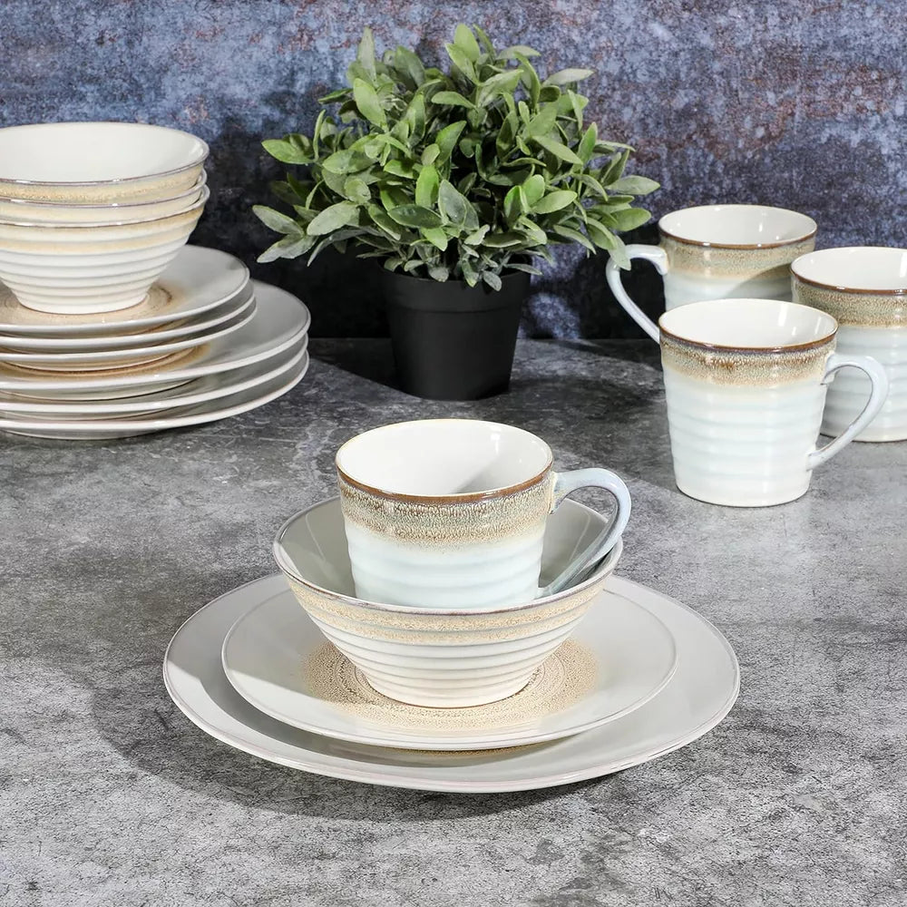 Gibson Elite Spiral Embossed 16 Piece Stoneware Dinnerware Set in Taupe