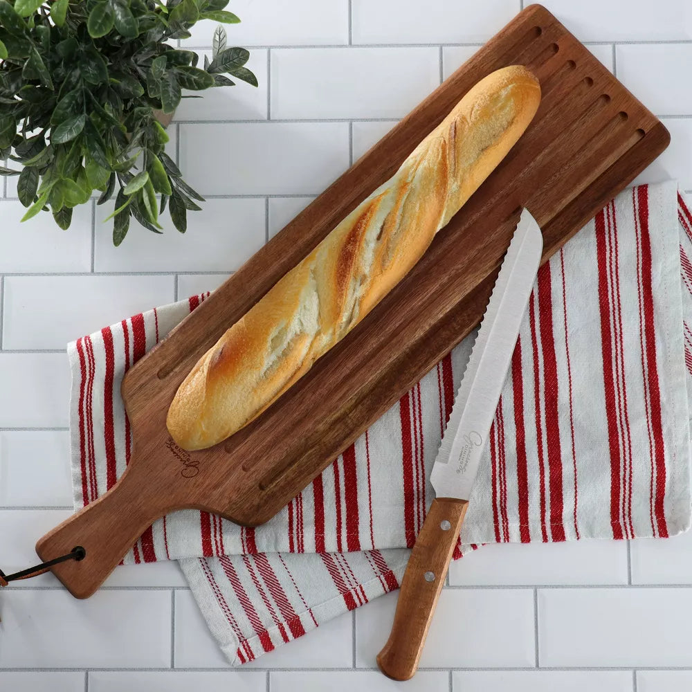 Gibson Elite 2 Piece Acacia Wood Serving Board and Bread Knife Set in Brown