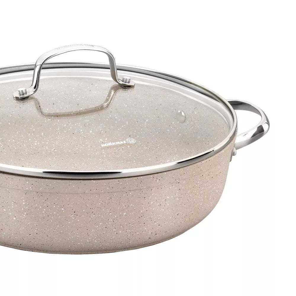 Korkmaz Granita 2.5 Liter Aluminum Nonstick Low Casserole with Lid in Tan