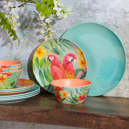 Laurie Gates Tropical Parrots 12 Piece Melamine Dinnerware Set in Assorted Designs