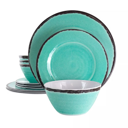 Elama Azul Banquet 12 Piece Lightweight Melamine Dinnerware Set in Turquoise