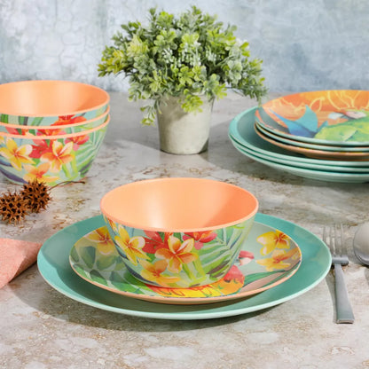 Laurie Gates Tropical Parrots 12 Piece Melamine Dinnerware Set in Assorted Designs