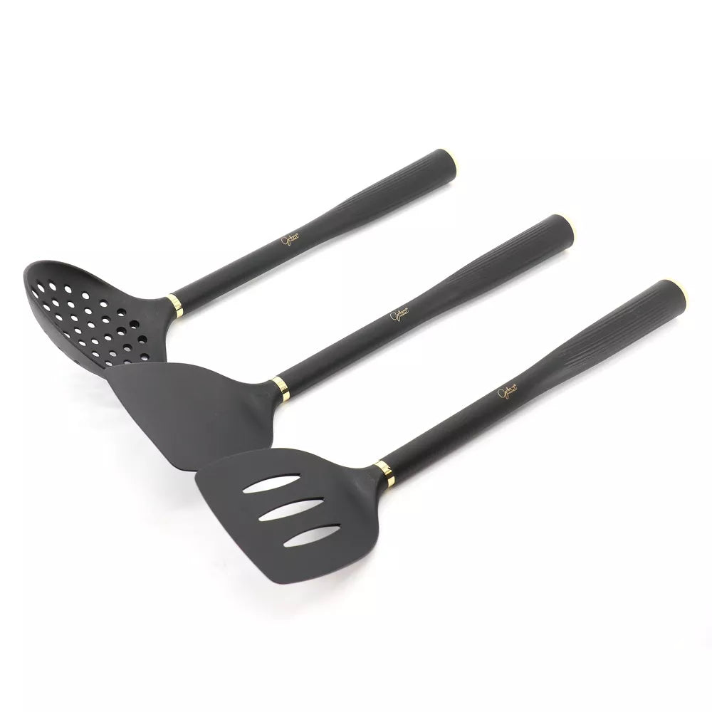 Gibson Home Hampsbridge 10 Piece Nylon Kitchen Tool Set and Utensil Crock in Black and Gold