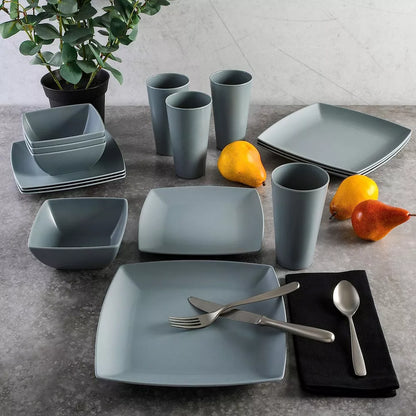 Gibson Home Grayson 16 Piece Square Melamine Dinnerware Set in Grey