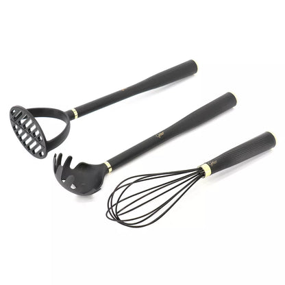 Gibson Home Hampsbridge 10 Piece Nylon Kitchen Tool Set and Utensil Crock in Black and Gold