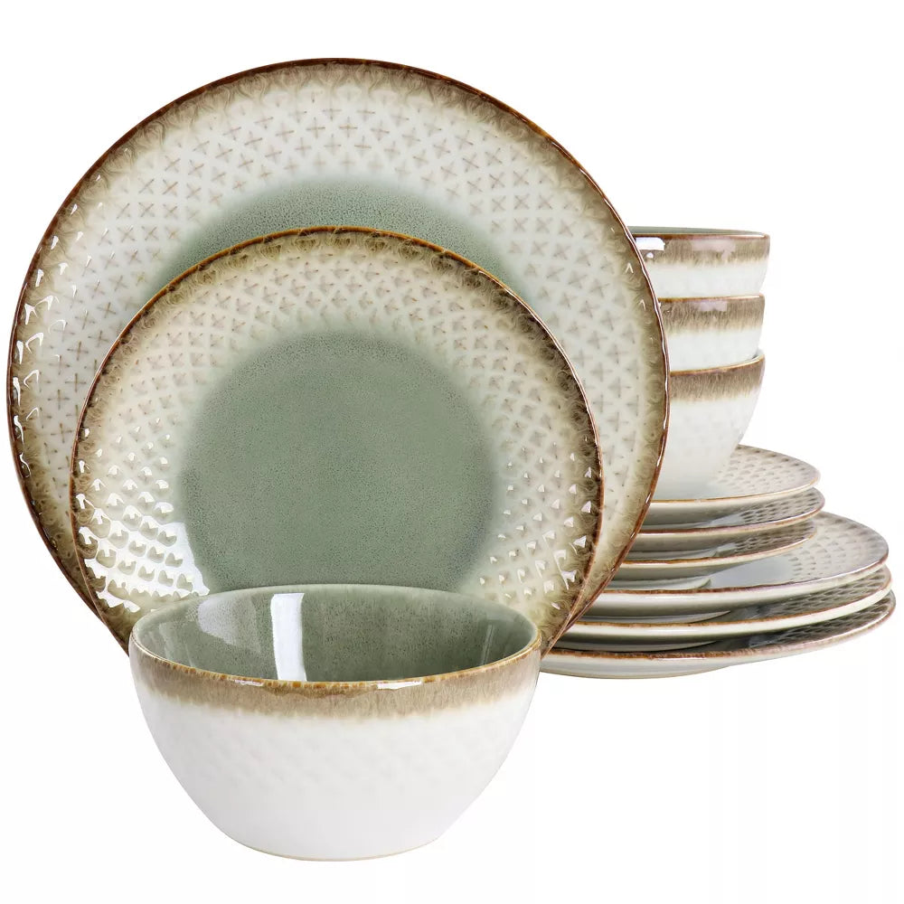 Gibson Elite Habit Hill 12 Piece Stoneware Dinnerware Set in Green