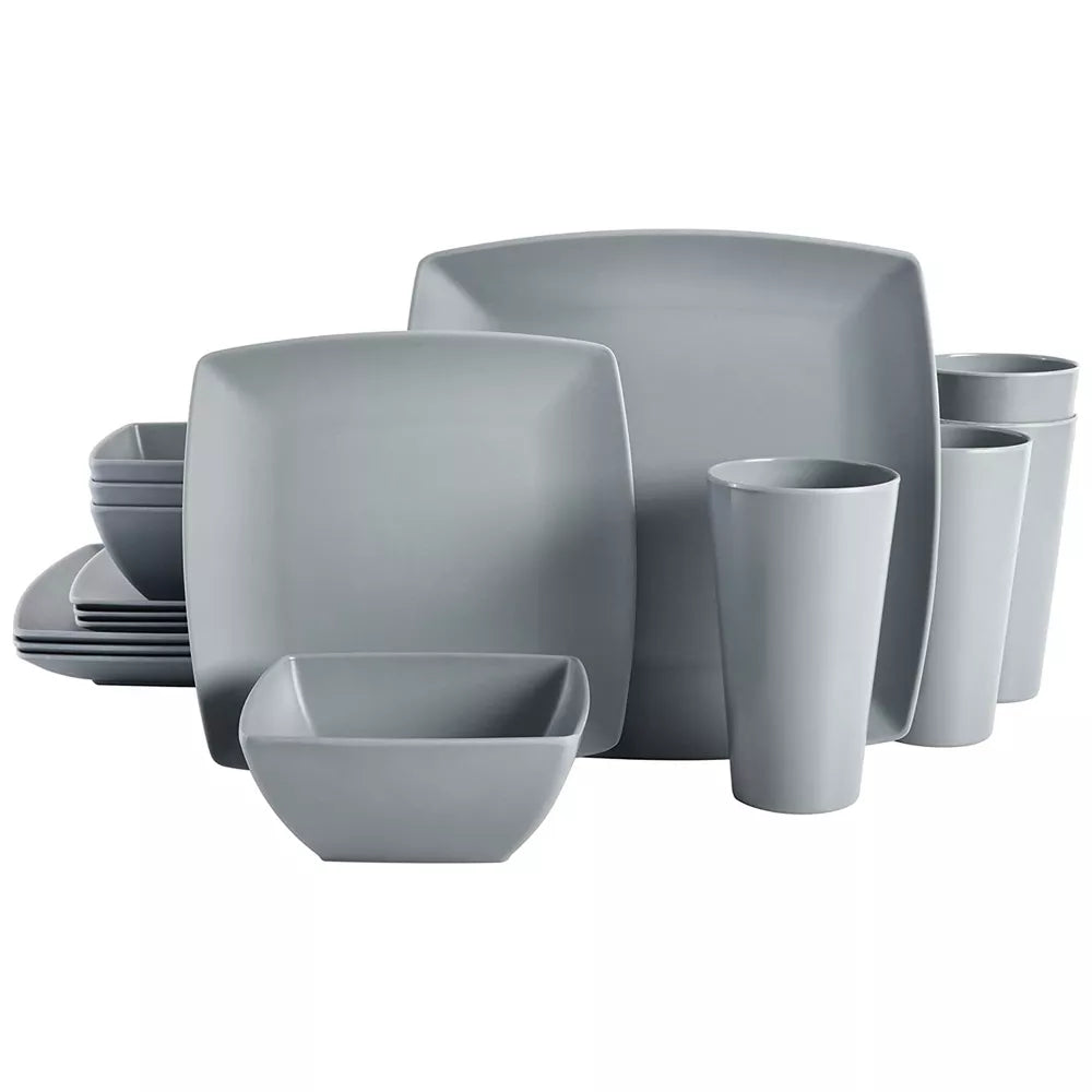 Gibson Home Grayson 16 Piece Square Melamine Dinnerware Set in Grey