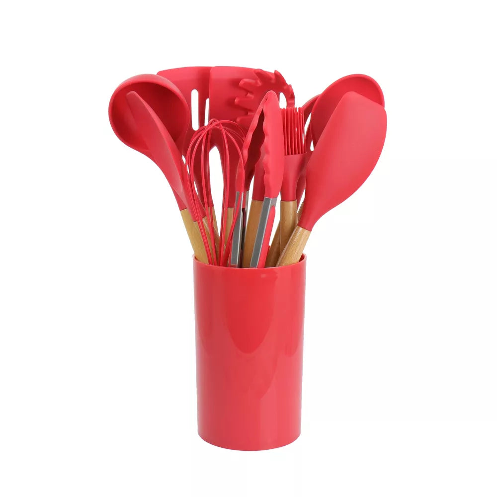 MegaChef Red Silicone and Wood Cooking Utensils, Set of 12