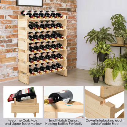 36 Bottles Stackable Wooden Wobble-Free Modular Wine Rack - Color: Natural