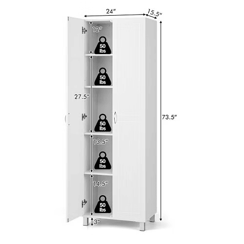 73.5 Inch Freestanding Double Door Tall Versatile Storage Organizer-White - Color: White