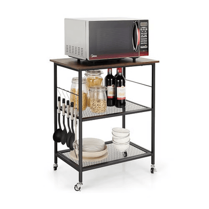 3-Tier Kitchen Serving Cart Utility Standing Microwave Rack with Hooks Brown - Color: Brown