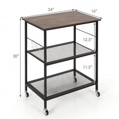 3-Tier Kitchen Serving Cart Utility Standing Microwave Rack with Hooks Brown - Color: Brown