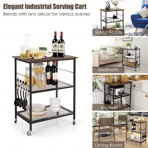 3-Tier Kitchen Serving Cart Utility Standing Microwave Rack with Hooks Brown - Color: Brown