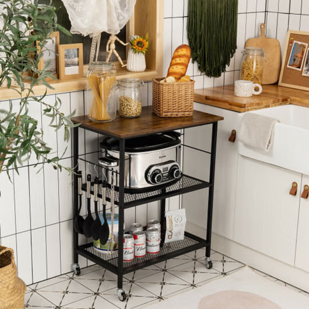 3-Tier Kitchen Serving Cart Utility Standing Microwave Rack with Hooks Brown