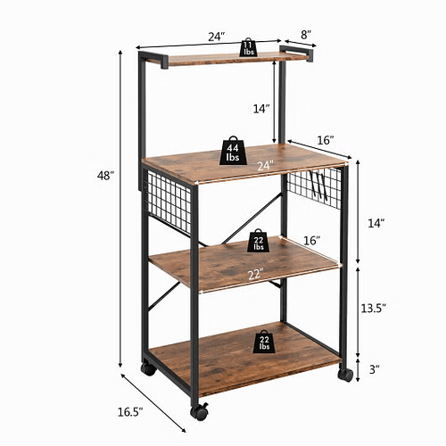 4-Tier Kitchen Baker's Rack on Wheels - Color: Brown